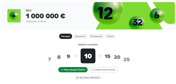 Milli-lottopeli Veikkauksen nettisivuilla