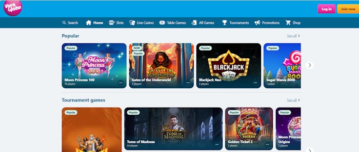 Vera & John Casino toimii englanniksi, eikä sivustosta ole lokalisoitua versiota.