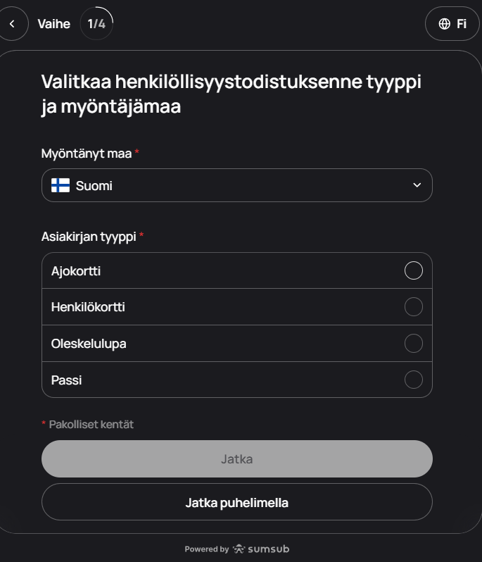 Sumsub-palveluun ladataan henkilöllisyystodistus ja suoritetaan muut tarkistukset.