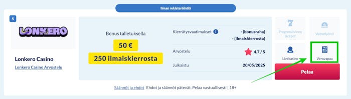 Verovapaa uusi nettikasino Kasinohain listalla