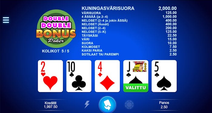 Videopokerin ruutu, jossa näkyy käsi: 2♥, 10♣, 4♦, jätkä♠ (valittu), 5♠ sekä voittotaulukko ja panos 2,50