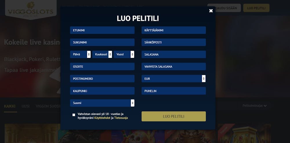 Viggo Slots rekisteröintisivu