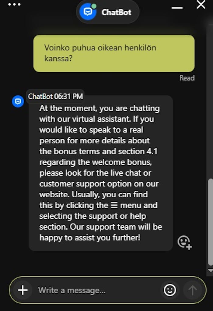 VinciCpin vastaa aluksi chat koneen avulla