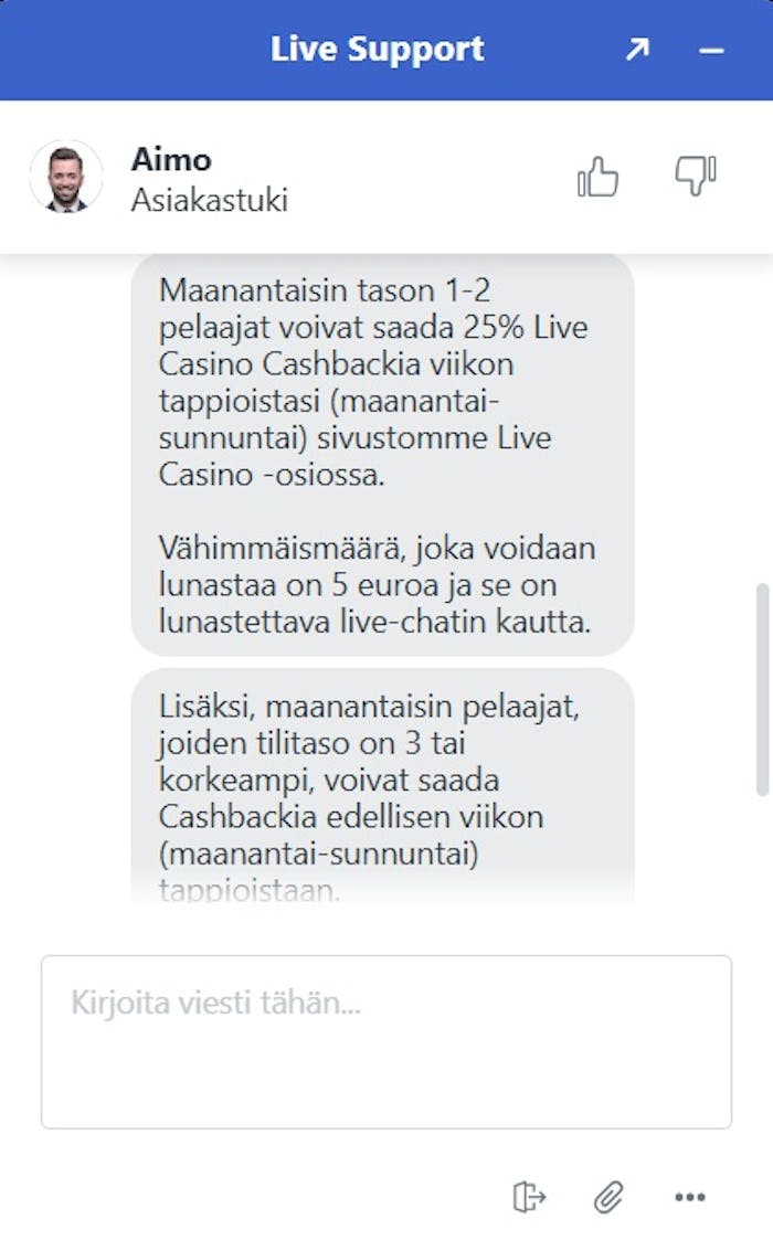 Viper Win Casino live chatin asiakaspalvelija Aino vastaa kysymyksiin kasinon tarjoamista käteispalautuksista.