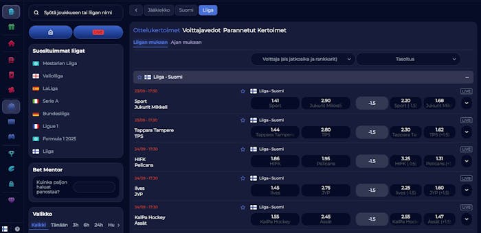 Viper Win Casino vedonlyönti kattaa satoja kohteita, kuten suomalaisen Liigan.