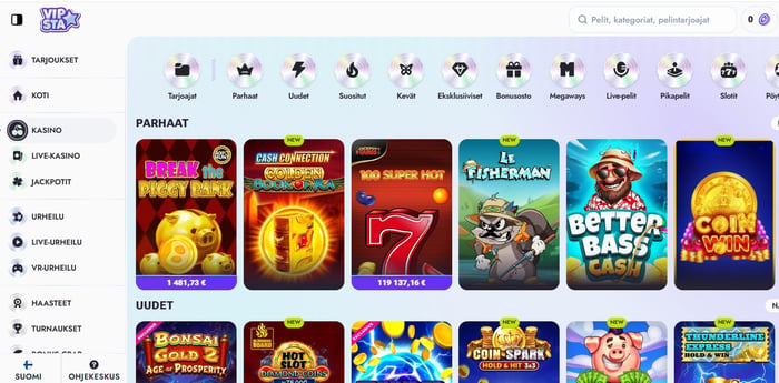 Vipsta Casinon kolikkopelivalikoimaa.