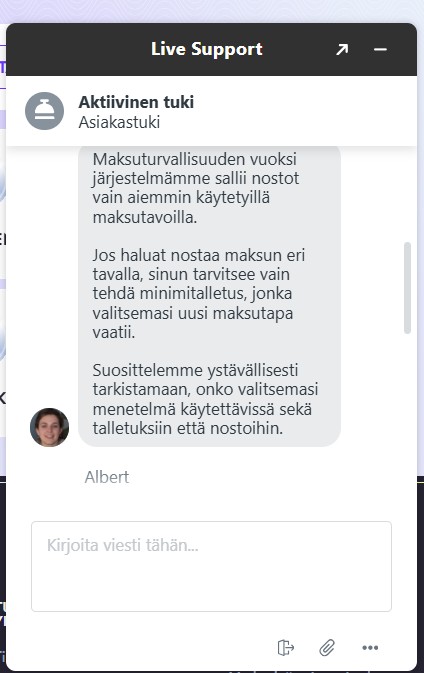 VIPstan asiakastuen vastaus live-chatissa.