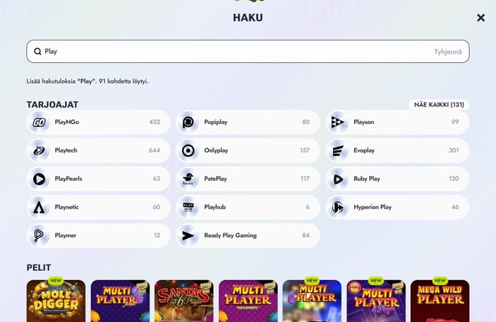 VIPsta kasinon hakutoiminto näyttää pelistudioita hakusanalla Play.