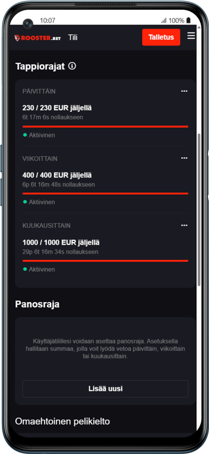 Rooster Betin tappiorajat, päivittäinen, viikoittainen ja kuukausittainen raja sekä jäljellä oleva summa