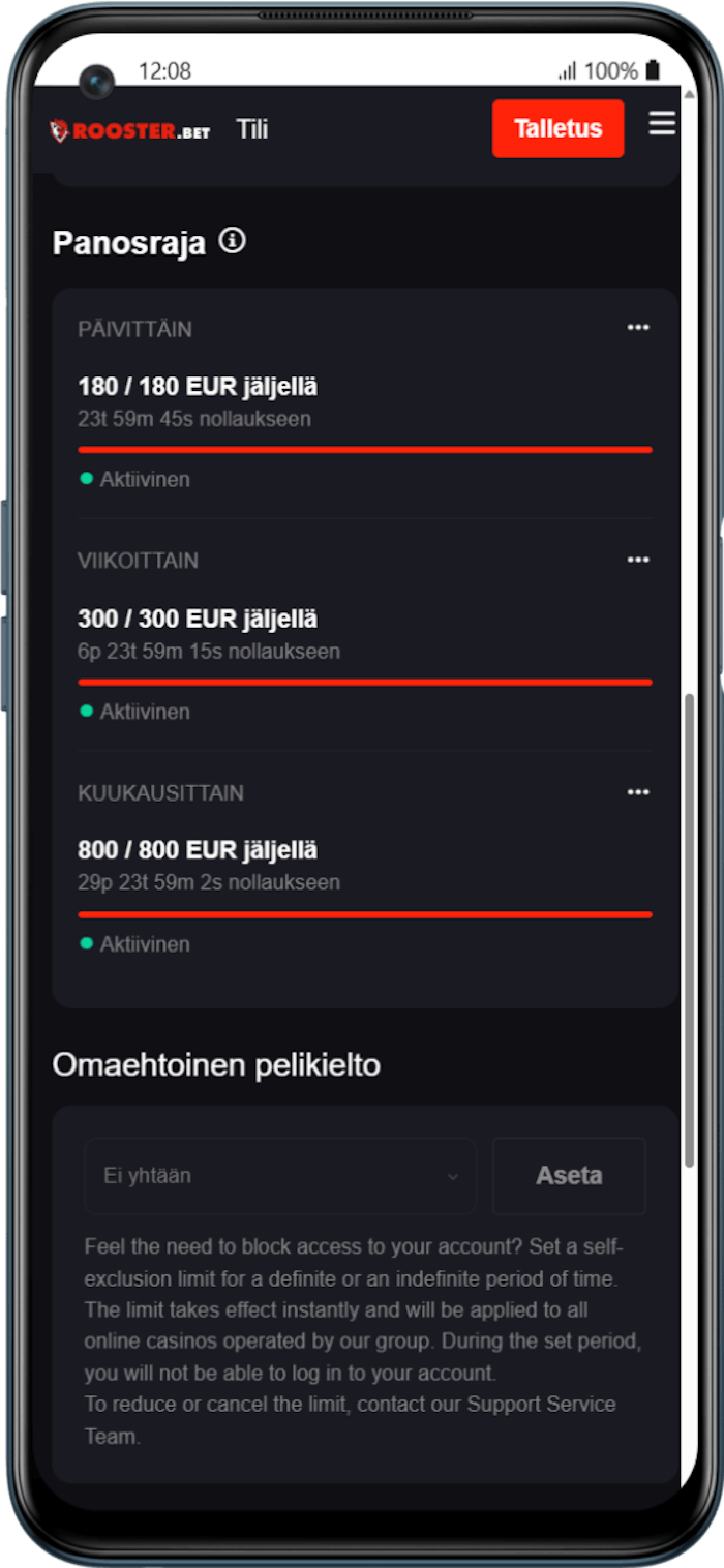 Panosrajojen asetus Rooster Betillä – päivittäinen, viikoittainen ja kuukausittainen panosraja tilillä