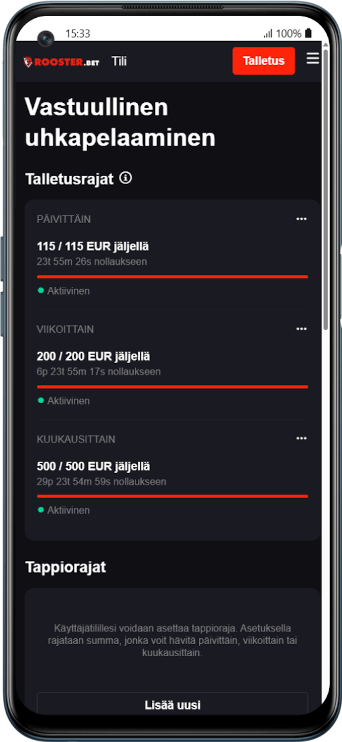 Rooster Betin talletusrajojen näyttö, joka näyttää päivittäiset, viikoittaiset ja kuukausittaiset talletusrajat tilillä