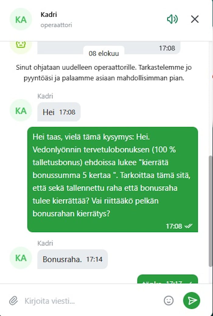 Vivatbet casinon asiakaspalvelu vastaa kysymykseen vedonlyöntibonuksen kierrätysvaatimuksesta