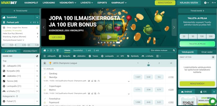 Vivatbet Casinon etusivu, jossa on esillä vedonlyöntivalikoima.