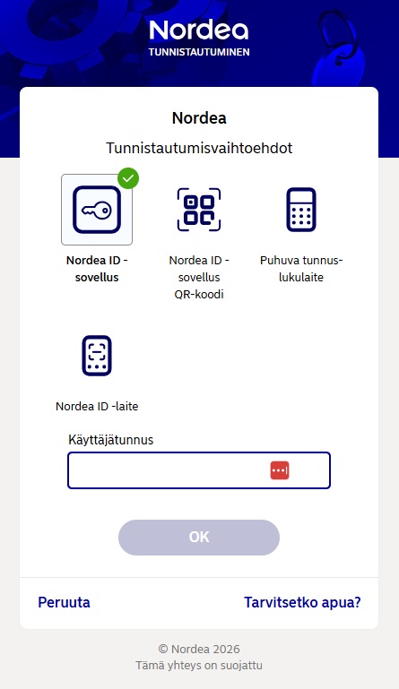 Nordea tunnistautumisvaihtoehdot ID-sovellus, QR-koodi, tunnuslukulaite, ID-laite.