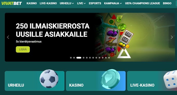 Myös vedonlyöntiäkin tarjoava Vivatbet tarjoaa 5e minimitalletuksen.