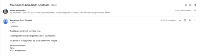 Shotz Casinon asiakastuen vastaus kysymykseen sähköpostissa aikaleimoilla.
