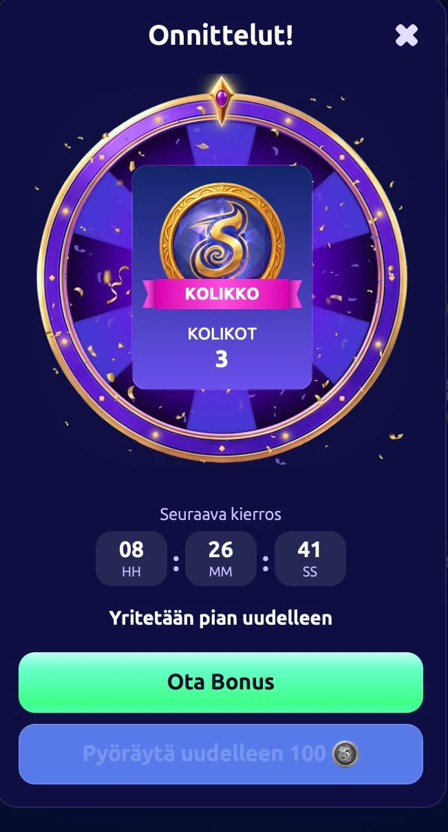 SpinDjinn Casinon onnenpyörä, josta saatu palkintona kolme kolikkoa.
