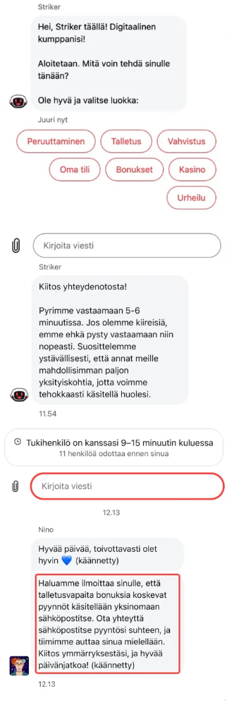 Keskustelut Betbayn asiakastuen kanssa.