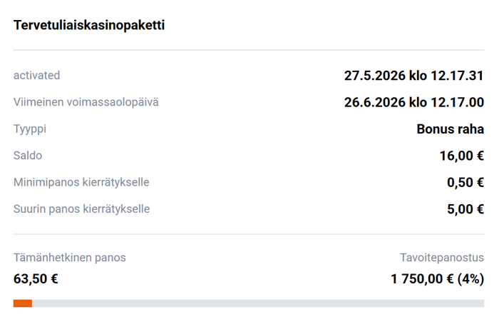Jasminslotsin tervetuliaiskasinopaketin bonussaldo ja kierrätyksen eteneminen: 16 € bonusrahaa, 63,50 € kierrätetty ja tavoitepanostus 1 750 €.
