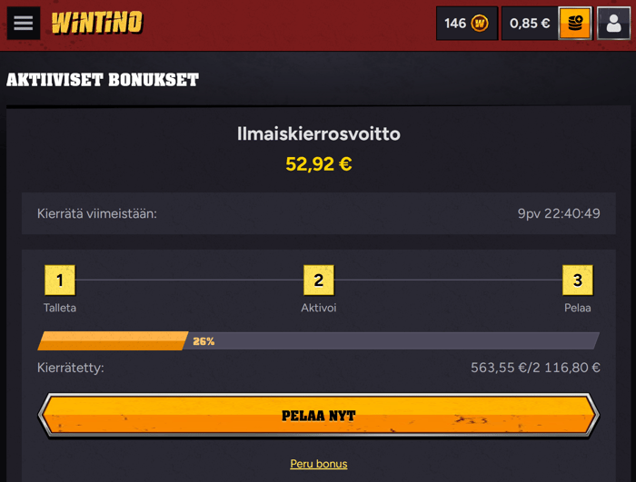 Wintino Casinon tervetulobonukseen kuuluu 300 ilmaiskierrosta, joiden voitot pitää kierrättää 40x.