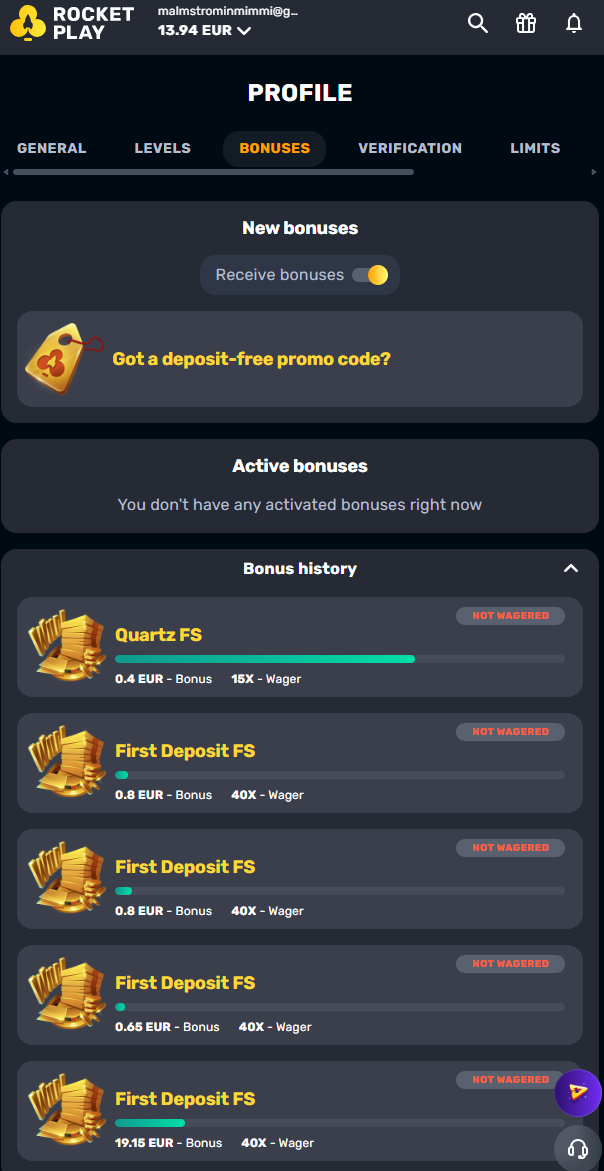 Bonus- ja kierrätyshistoria Rocket Play -kasinolla.