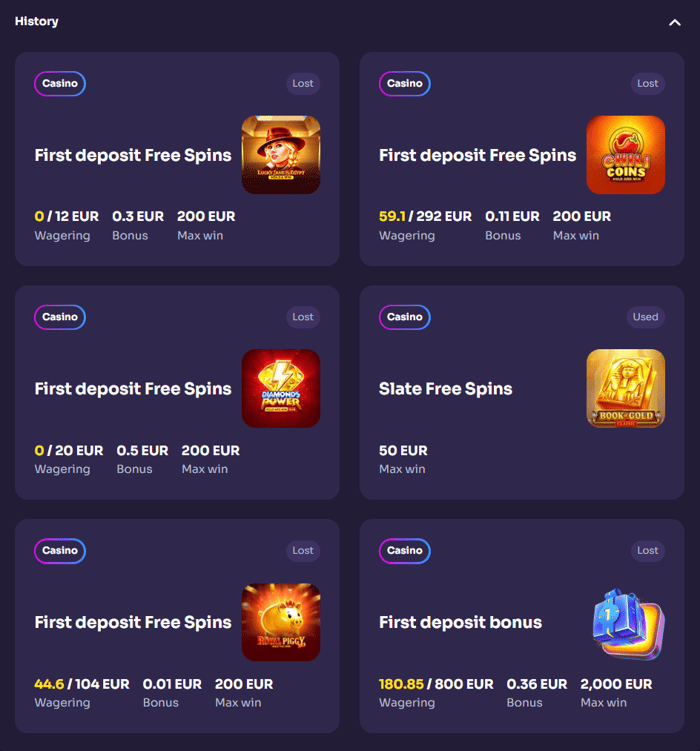 WinSpirit Casinon bonushistoria, jossa näkyy ensitalletusbonus kierrätyksellä 180,85 € / 800 € sekä ilmaiskierrostulokset Chilli Coinsissa, Royal Piggyssä, Diamonds Powerissa, Lucky Jane Egyptissä ja Book of Gold Classicissa.