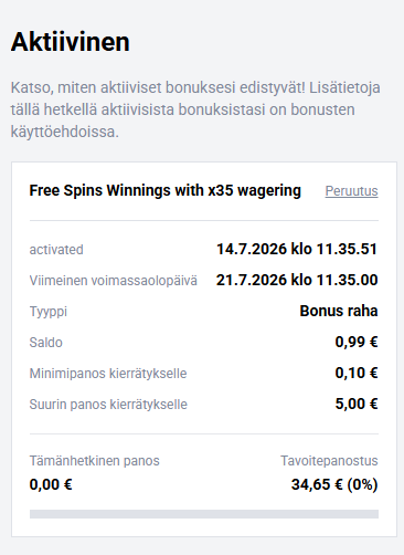 Ilmaiskierrosten voittojen kierratyksen alkutilanne.