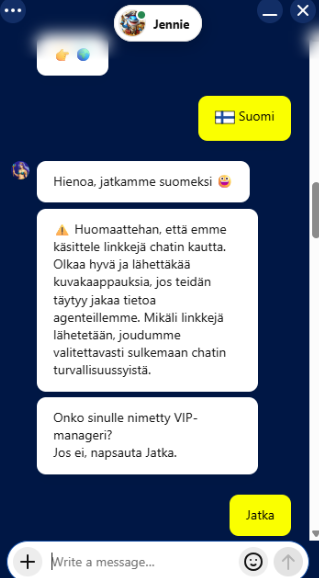 Kielen valinta Rich Royalin live-chatissa.
