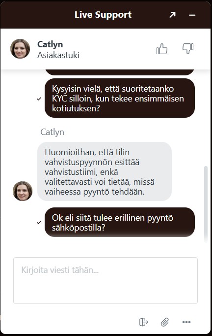 Westace Casinon asiakastuki vastaa kysymykseen KYC-tarkastuksen suosittamisesta.