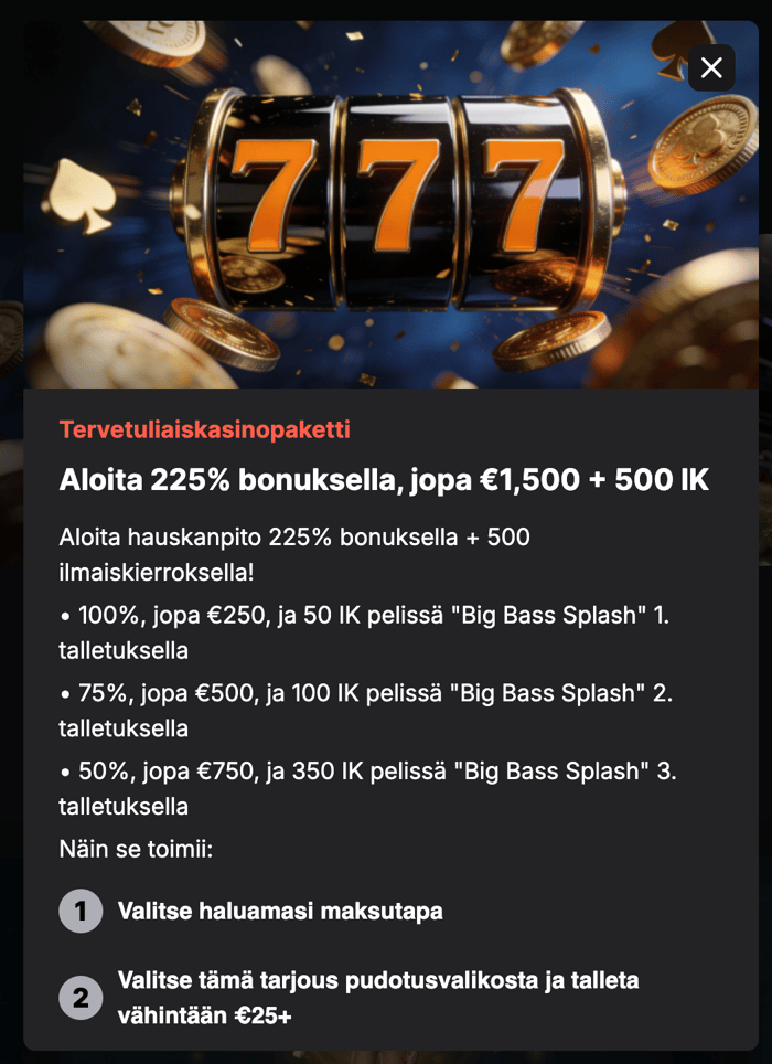 Wetsson tervetulobonus voidaan lunastaa kolmelle ensitalletukselle