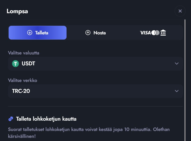 Talletuslomake Whale.io kasinolla.