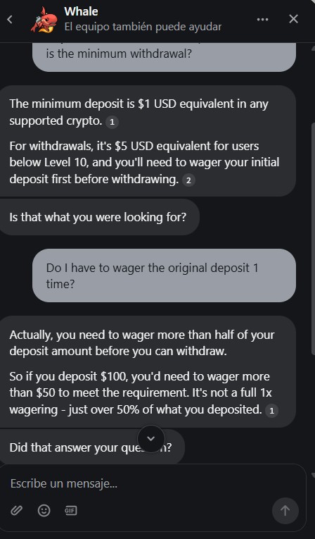 Whale.io kasinolla kysymyksiin vastasi chattibotti.