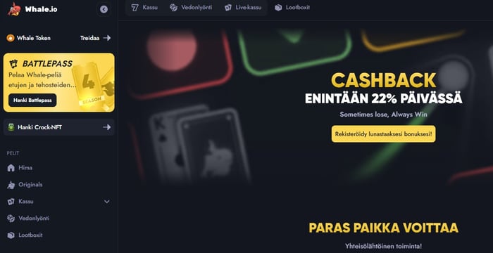 Whale.io kasinon etusivulle vetonaulaksi on nostettu jopa 22 % cashback-bonus.