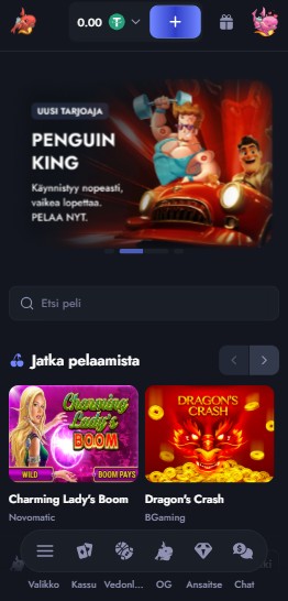 Whale.io Casinon näkymää puhelimella.
