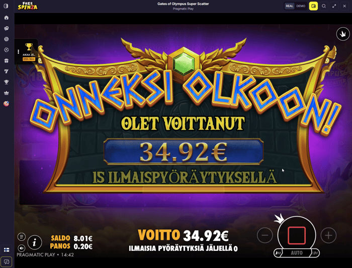 Voitto Gates of Olympus Super Scatter -pelissä.