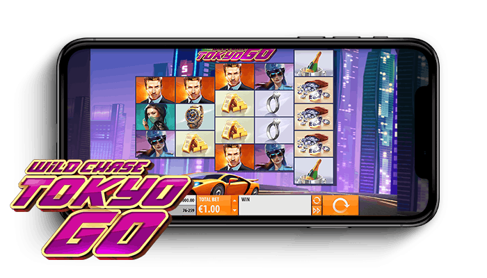 Wild Chase: Tokyo Go kolikkopelin peliruudukko ja logo.