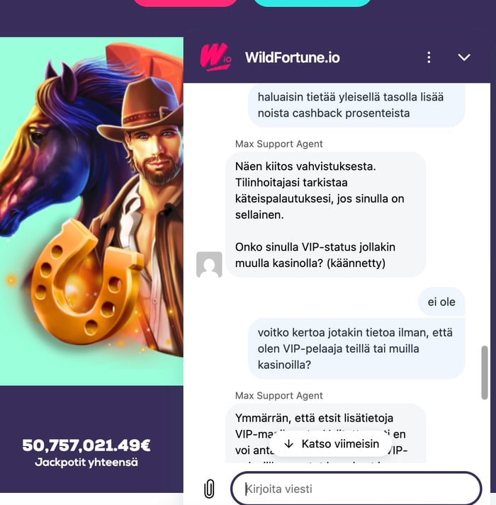 Keskustelu Wild Fortune casinon live-chatissa cashback eduista