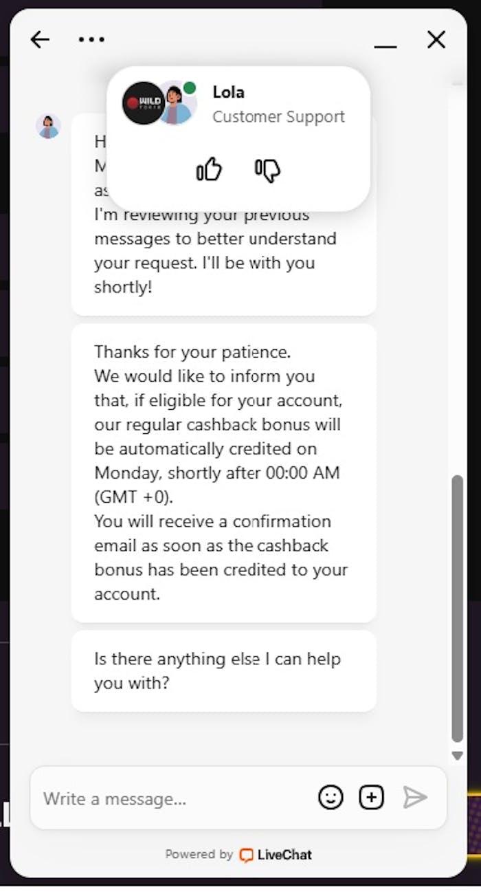 Live chat keskustelu Wild Tokyon asiakaspalvelijan kanssa.