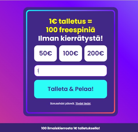 Wildz Casino bonus: 100 ilmaiskierrosta 1 € talletuksella