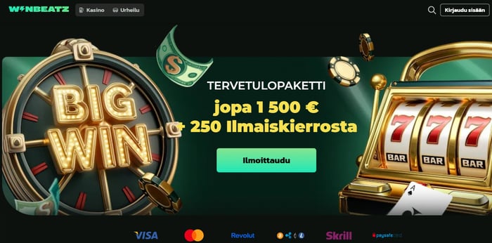 Winbeatzin etusivulla esitellään selkeästi tervetuliaistarjous: jopa 1500 euroa ja 250 ilmaiskierrosta.