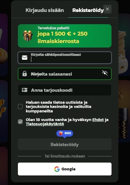 Winbeatz kasinon rekisteröitymislomakkeeseen kirjataan aluksi sähköpostiosoite ja salasana.