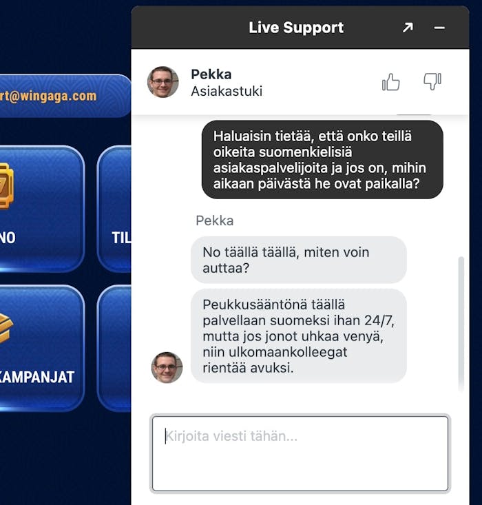 Keskustelu Wingaga Casinon live-chatissa