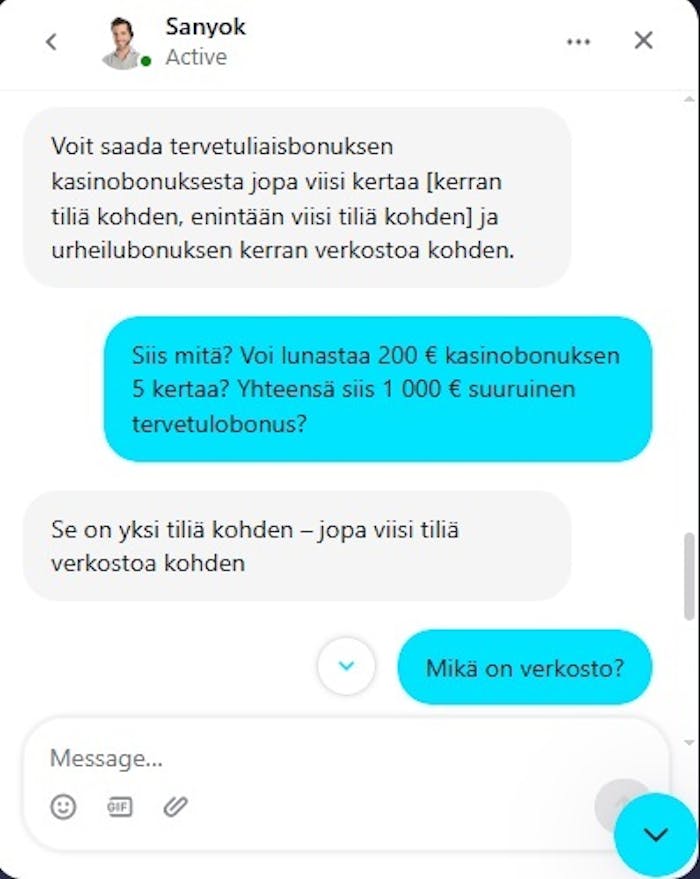 Winissimon asiakaspalvelija vastaa kysymykseen suomeksi