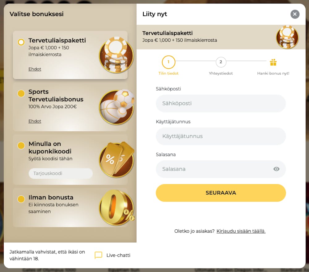 Pelaajat voivat valita eri bonuksista pelaamisen alkuun