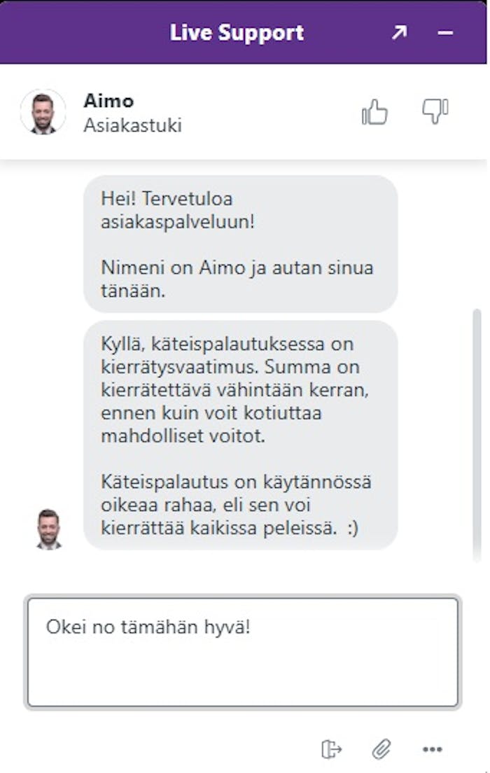 Winota Casino live casino kysymys käteispalautuksen kierrätyksestä.