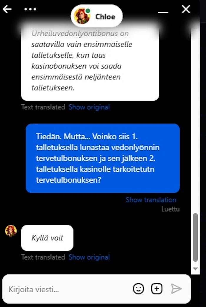 Winrollan asiakaspalvelu auttaa suomeksi
