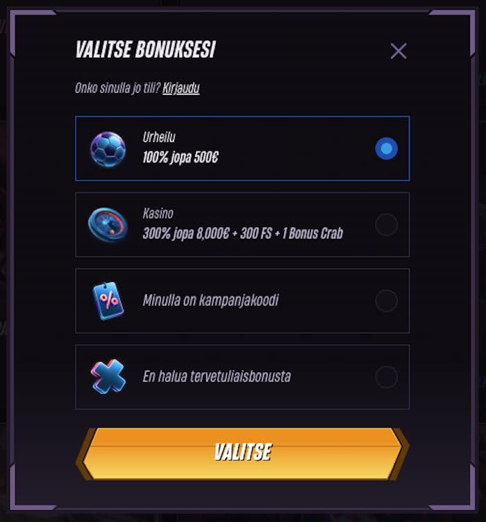 Valitse bonus samalla kun aloitat pelaamaan