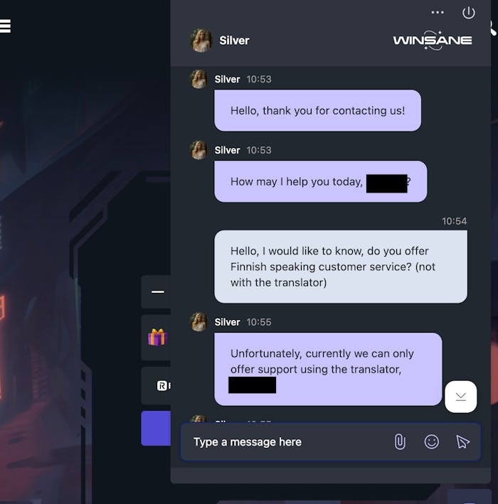 Winsane Casinon live-chat -keskustelu