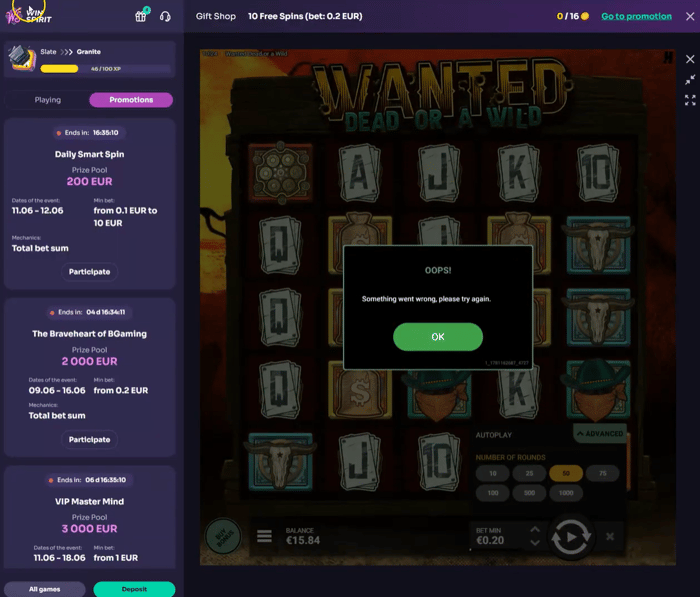 WinSpirit Casino Wanted Dead or a Wild -peli keskeytyi