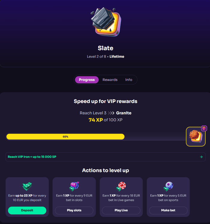 WinSpirit Casinon kanta-asiakasohjelma Slate-tasolla (taso 2/8, elinikäinen), jossa 74 XP / 100 XP suoritettu kohti Granite-tasoa, XP-ansaintanopeudet: 1 XP per 9 € sloteissa, 18 € livekasinolla ja 5 € urheiluvedonlyönnissä.